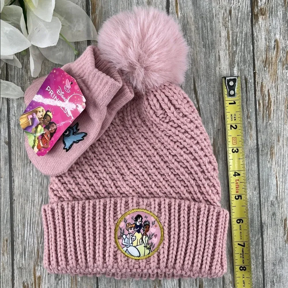 Baby Toddler Disney Princess Pink Knit Beanie and Mittens Set